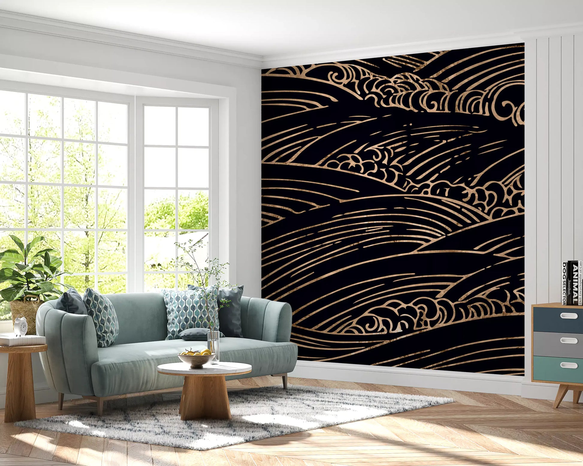 Gilded Rolling Japanese Waves Wall Mural