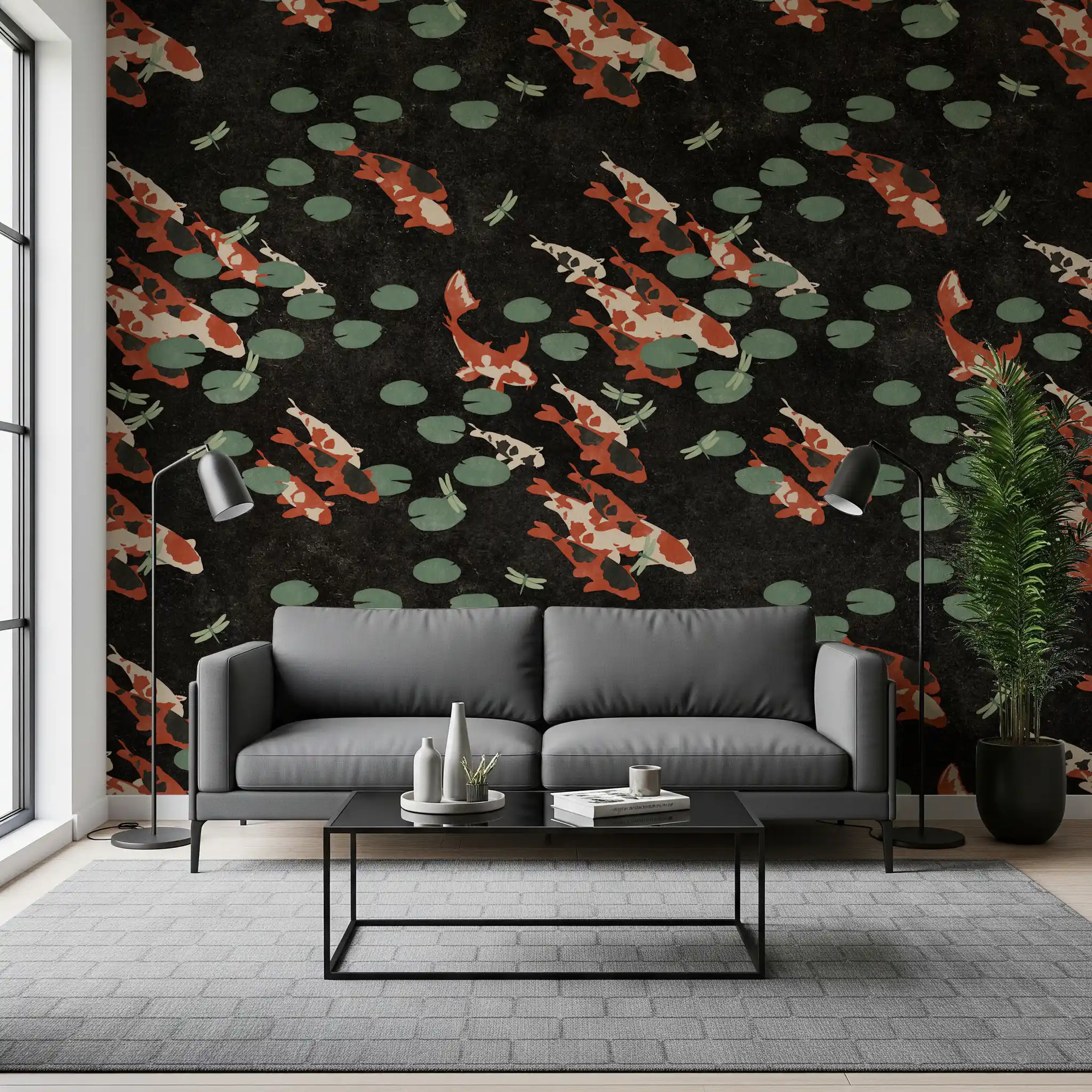 Koi pond wall mural with red and white koi on dark water GD11525