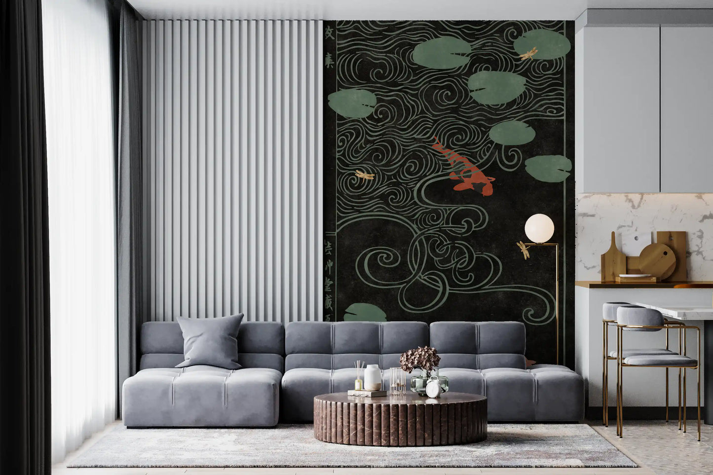 Japanese Koi Pond Woodblock Wall Mural
