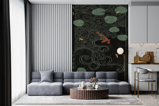 Koi pond woodblock wall mural with orange koi on dark water in living room GD11526