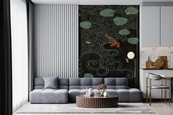 Koi pond woodblock wall mural with orange koi on dark water in living room GD11526