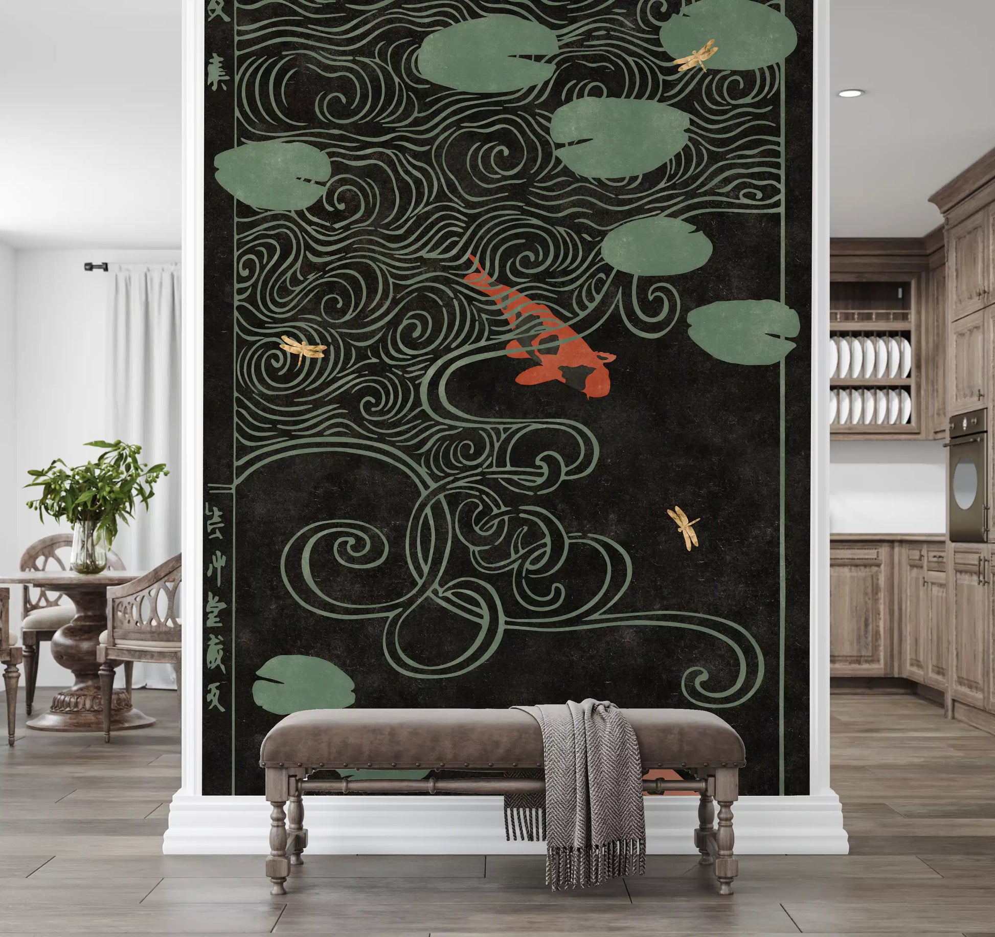 Japanese Koi Pond Woodblock Wall Mural