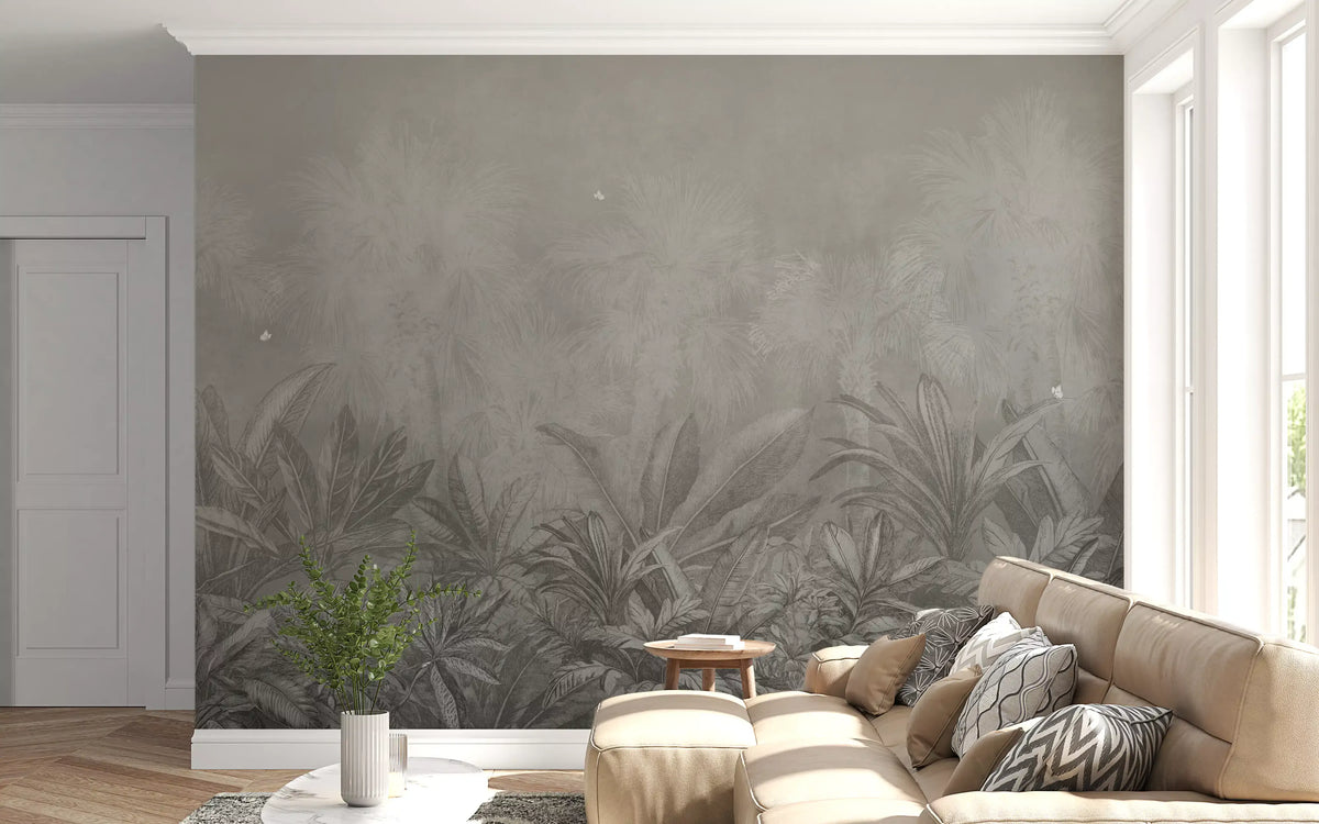 Grey tropical jungle mural with misty palm trees and layered foliage in living room GD11528
