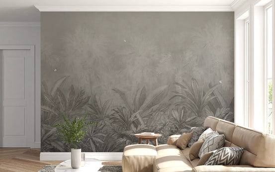 Grey tropical jungle mural with misty palm trees and layered foliage in living room GD11528