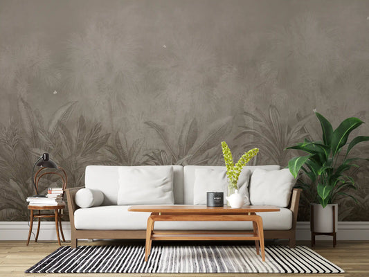 Warm brown tropical jungle mural with tall palms and dense foliage GD11530