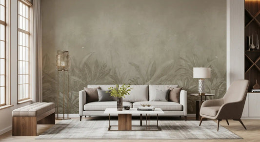 Beige tropical jungle mural with soft palms and layered foliage in living room GD11531