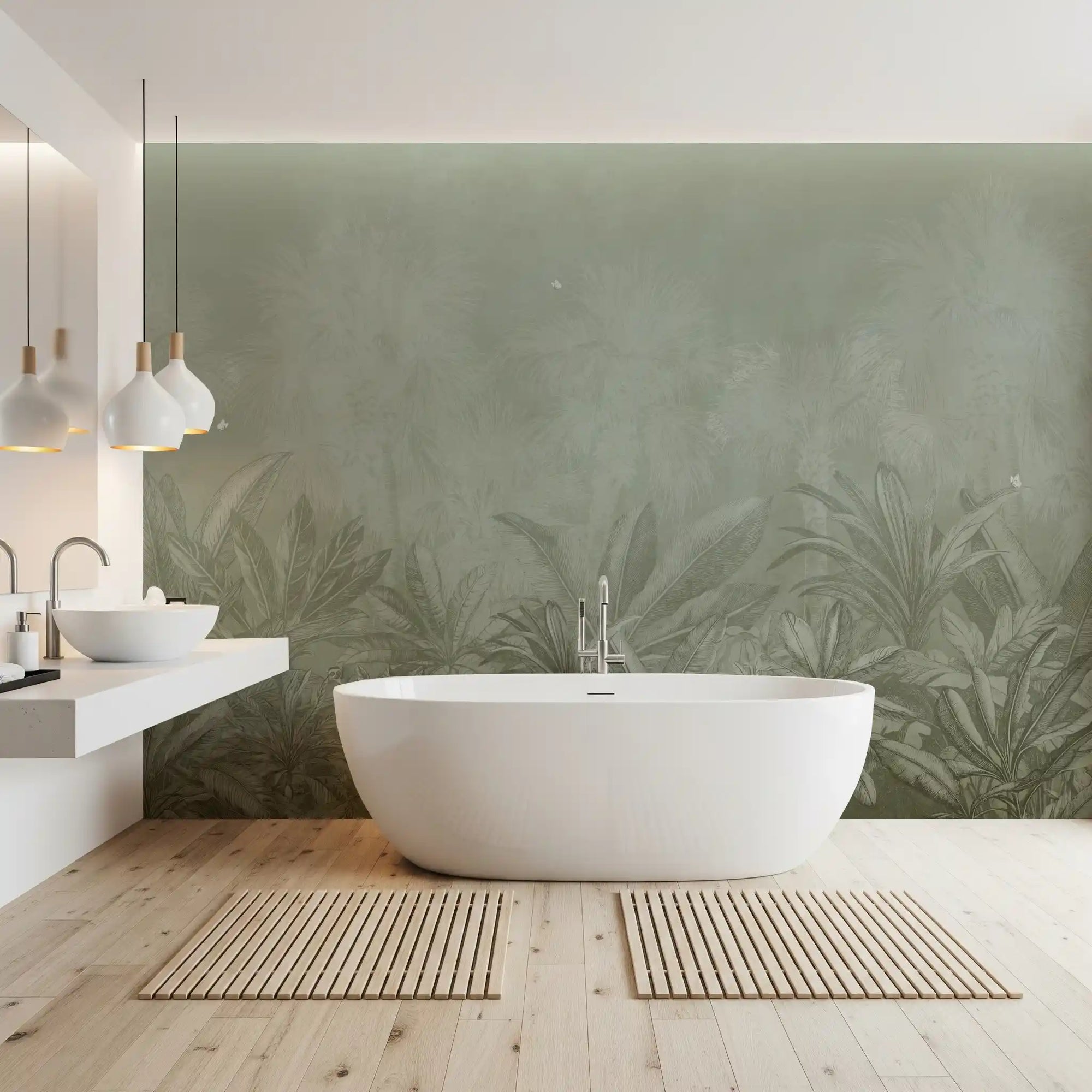 Sage green tropical jungle mural with tall palms and layered foliage in bathroom GD11532