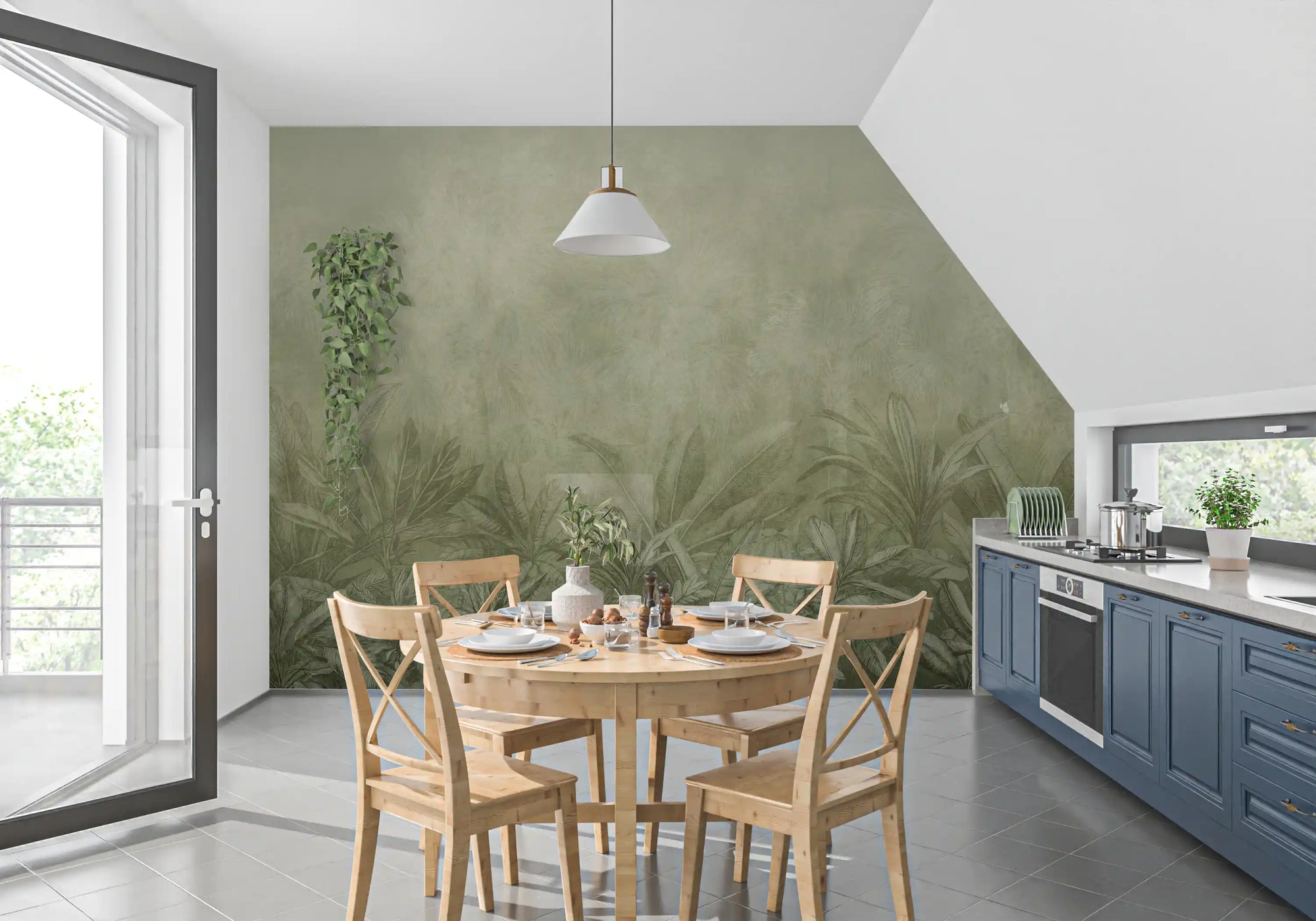 Khaki green tropical jungle mural with palms and dense layered foliage GD11533