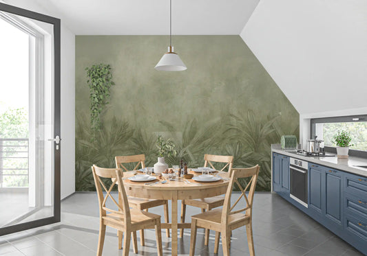 Khaki green tropical jungle mural with palms and dense layered foliage GD11533