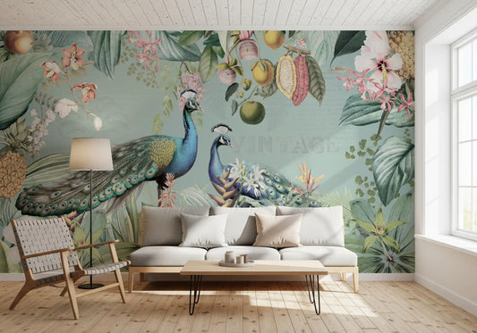Two peacocks resting among tropical leaves and pink blooms on a teal wall mural GD11534