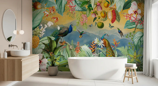 Two peacocks in a jungle clearing with hummingbirds and butterflies, tropical mural for bathroom GD11535