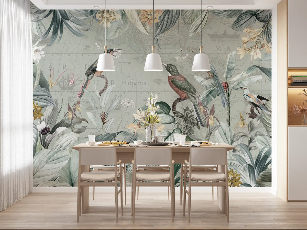 Tropical birds perched on slim branches in a sage-green botanical mural GD11537