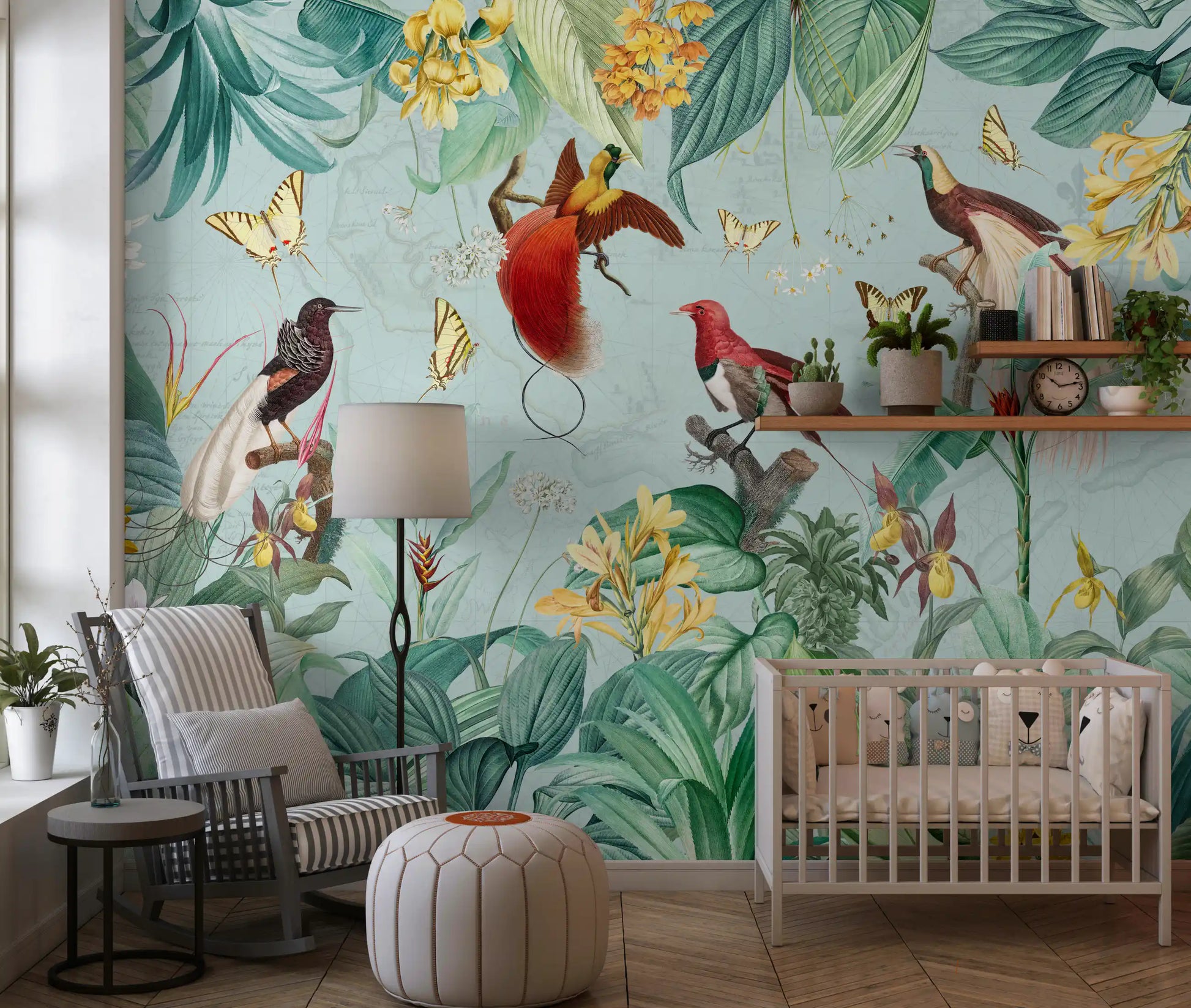 Exotic Bird and Tropical Flora Illustration Wall Mural