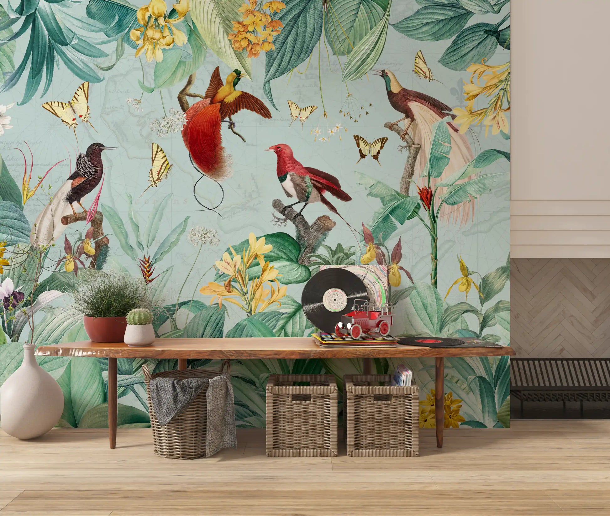 Exotic Bird and Tropical Flora Illustration Wall Mural