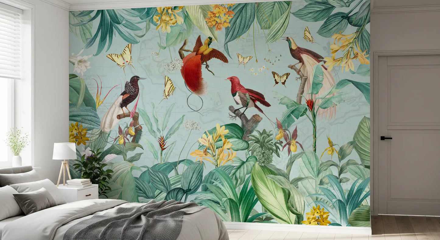 Exotic Bird and Tropical Flora Illustration Wall Mural