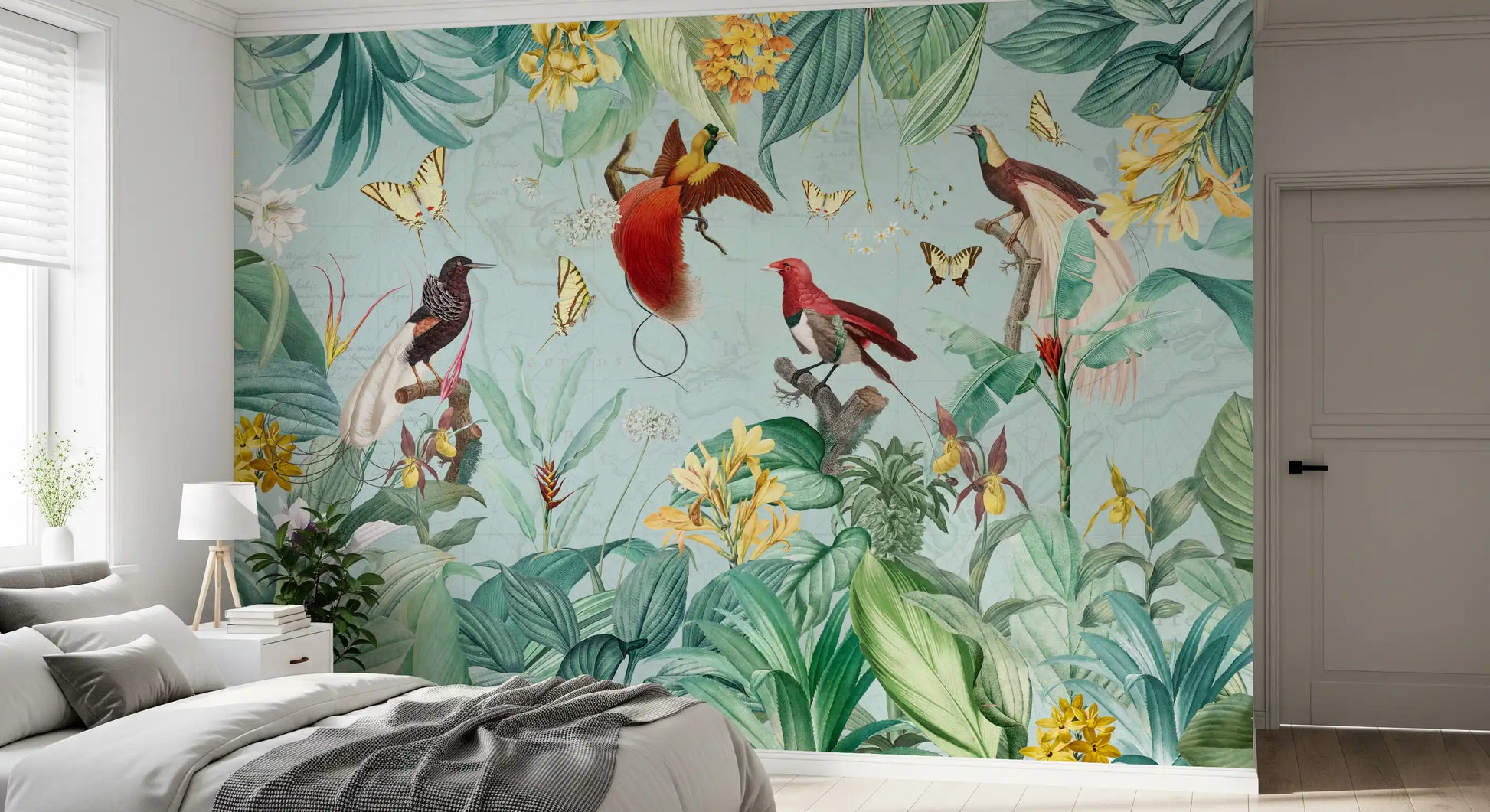 Exotic Bird and Tropical Flora Illustration Wall Mural