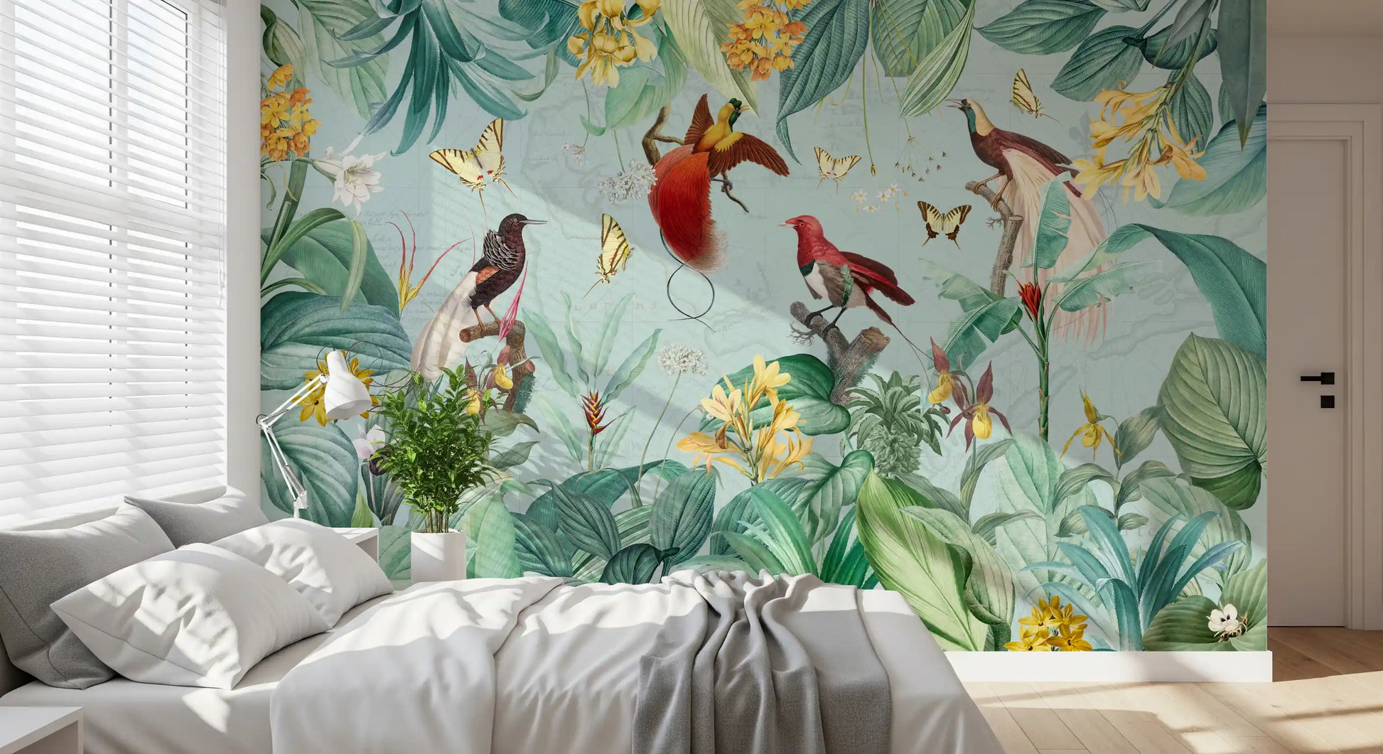 Exotic Bird and Tropical Flora Illustration Wall Mural