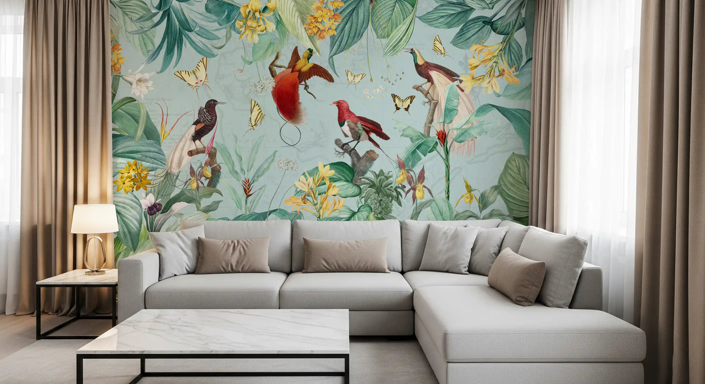 Exotic Bird and Tropical Flora Illustration Wall Mural