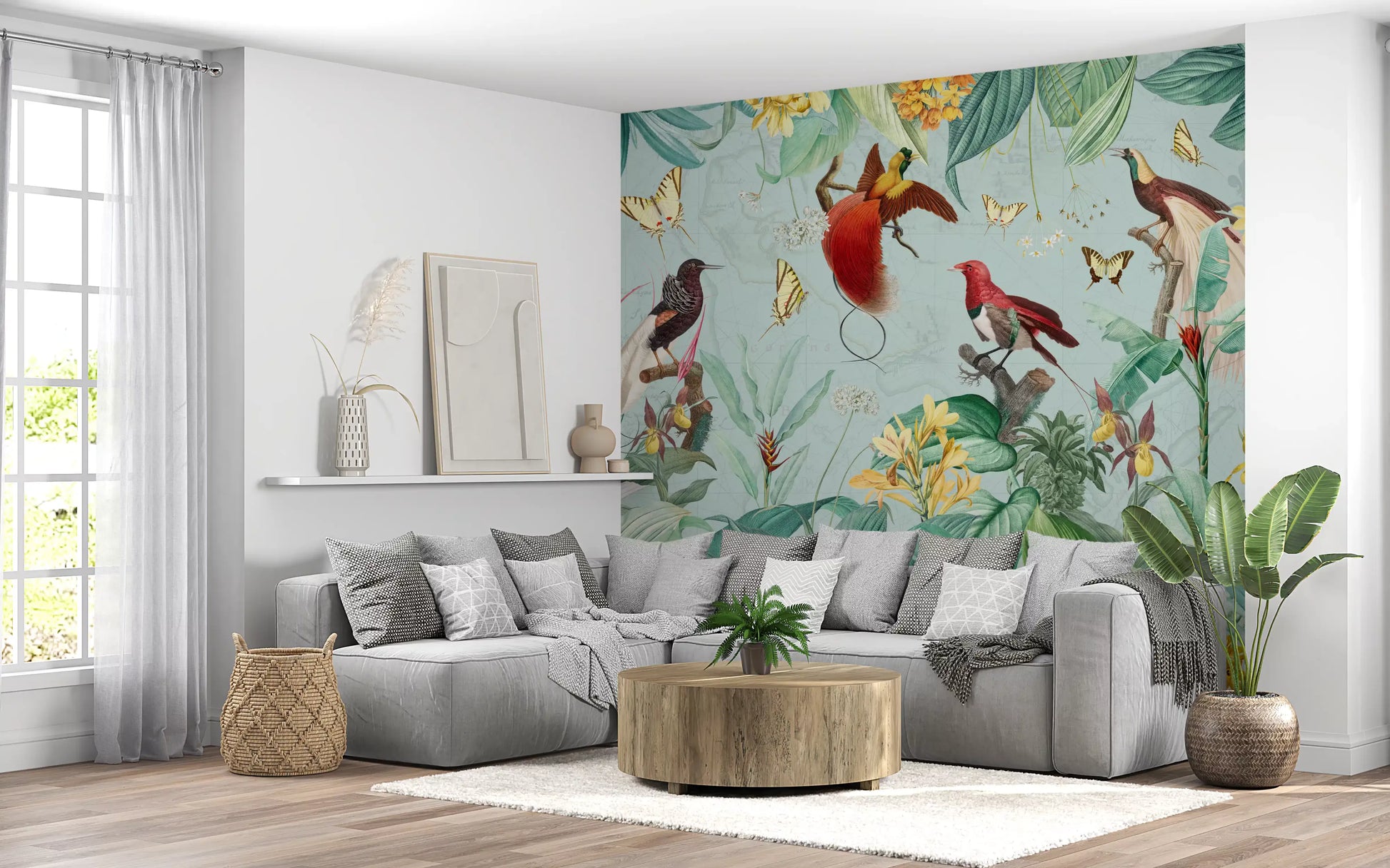 Exotic Bird and Tropical Flora Illustration Wall Mural