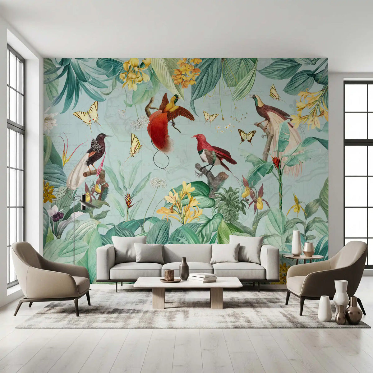 Red birds of paradise with trailing tails on a soft teal botanical mural in living room GD11538