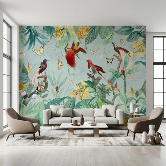 Red birds of paradise with trailing tails on a soft teal botanical mural in living room GD11538
