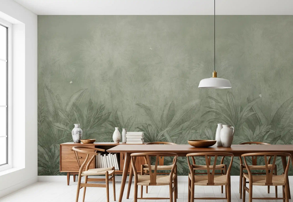 Sage green jungle mural with misty palms and layered foliage in dining room GD11539