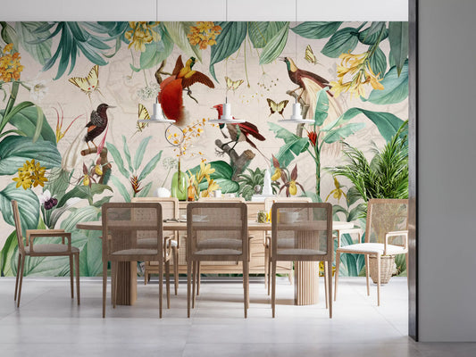 Vintage botanical mural with tropical birds among green leaves in dining room GD11540