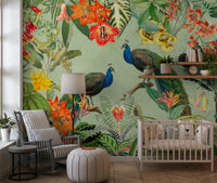 Exotic Flora & Peacock Haven Wall Mural