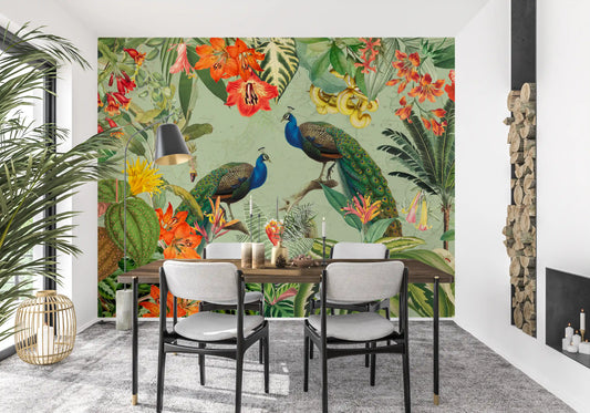 Botanical mural with two blue peacocks among tropical flowers in dining room GD11541