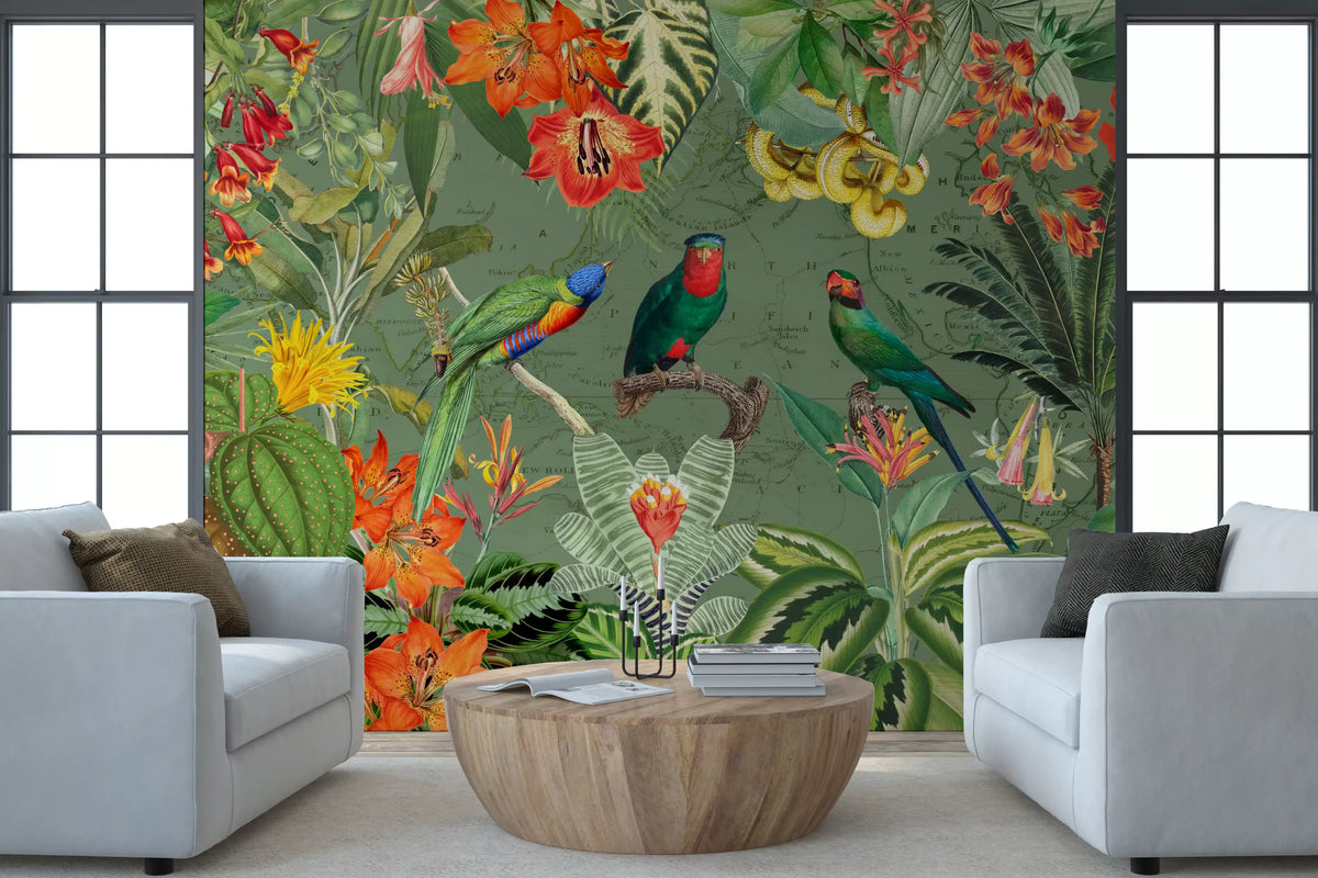 Botanical mural with three bright parrots among tropical flowers in hallway GD11542