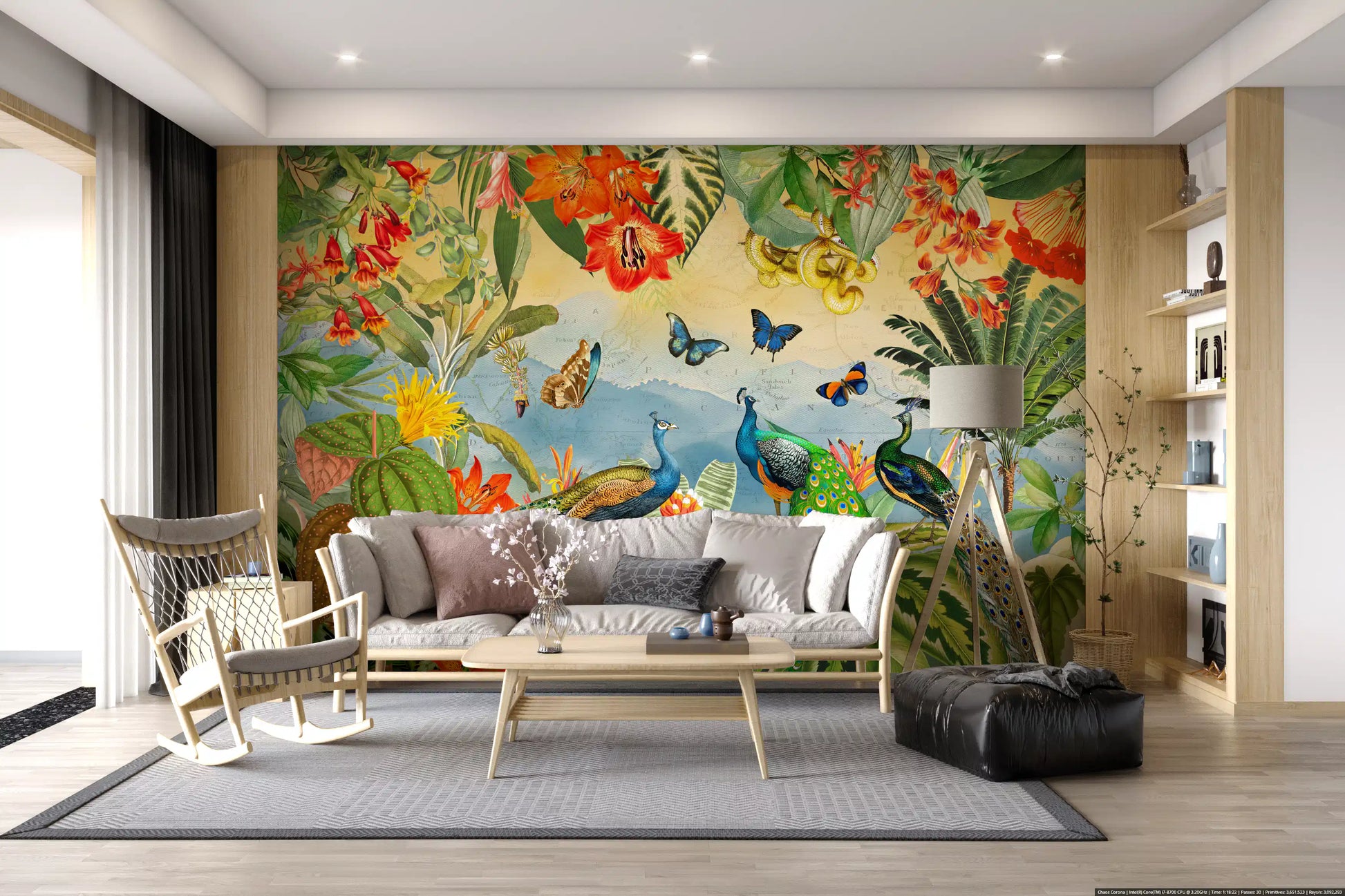 Vintage Peacock and Tropical Botanical Explorer Wall Mural