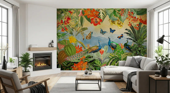 Botanical mural with three peacocks among tropical flowers in living room GD11543