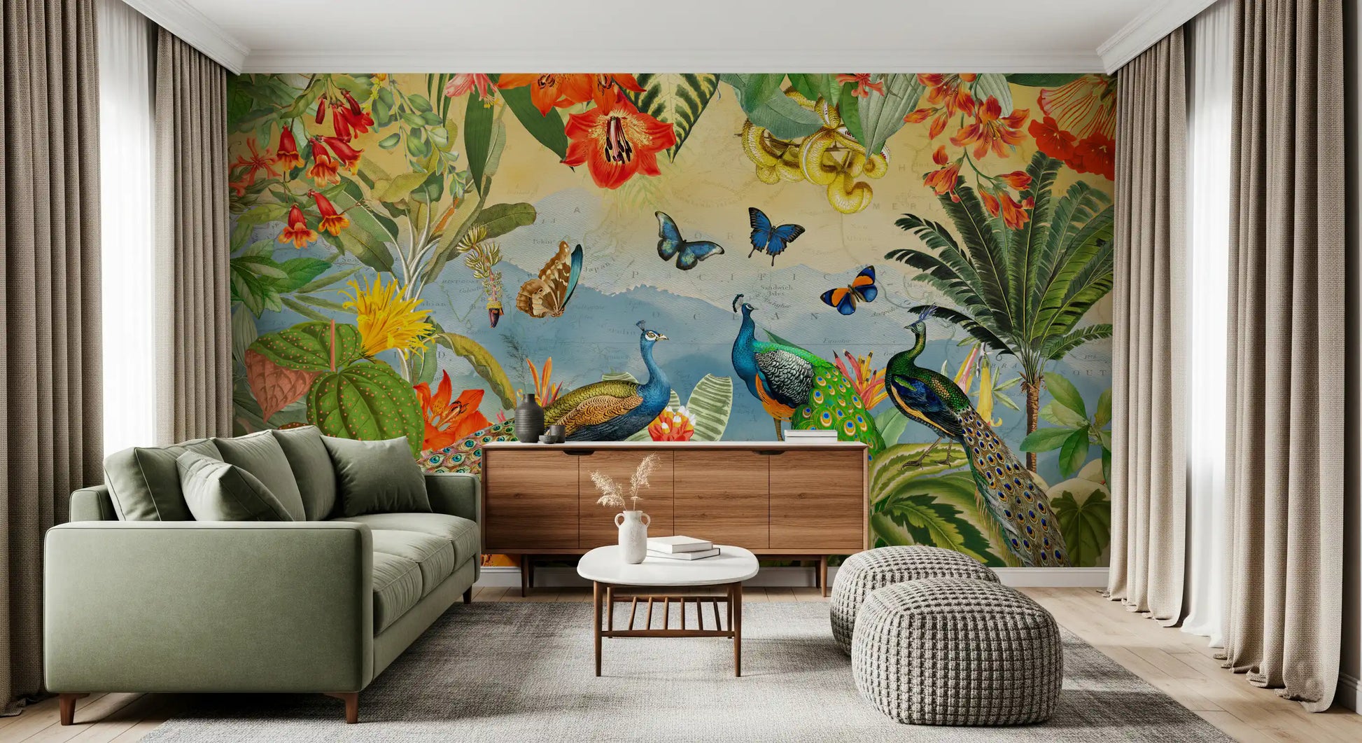 Vintage Peacock and Tropical Botanical Explorer Wall Mural