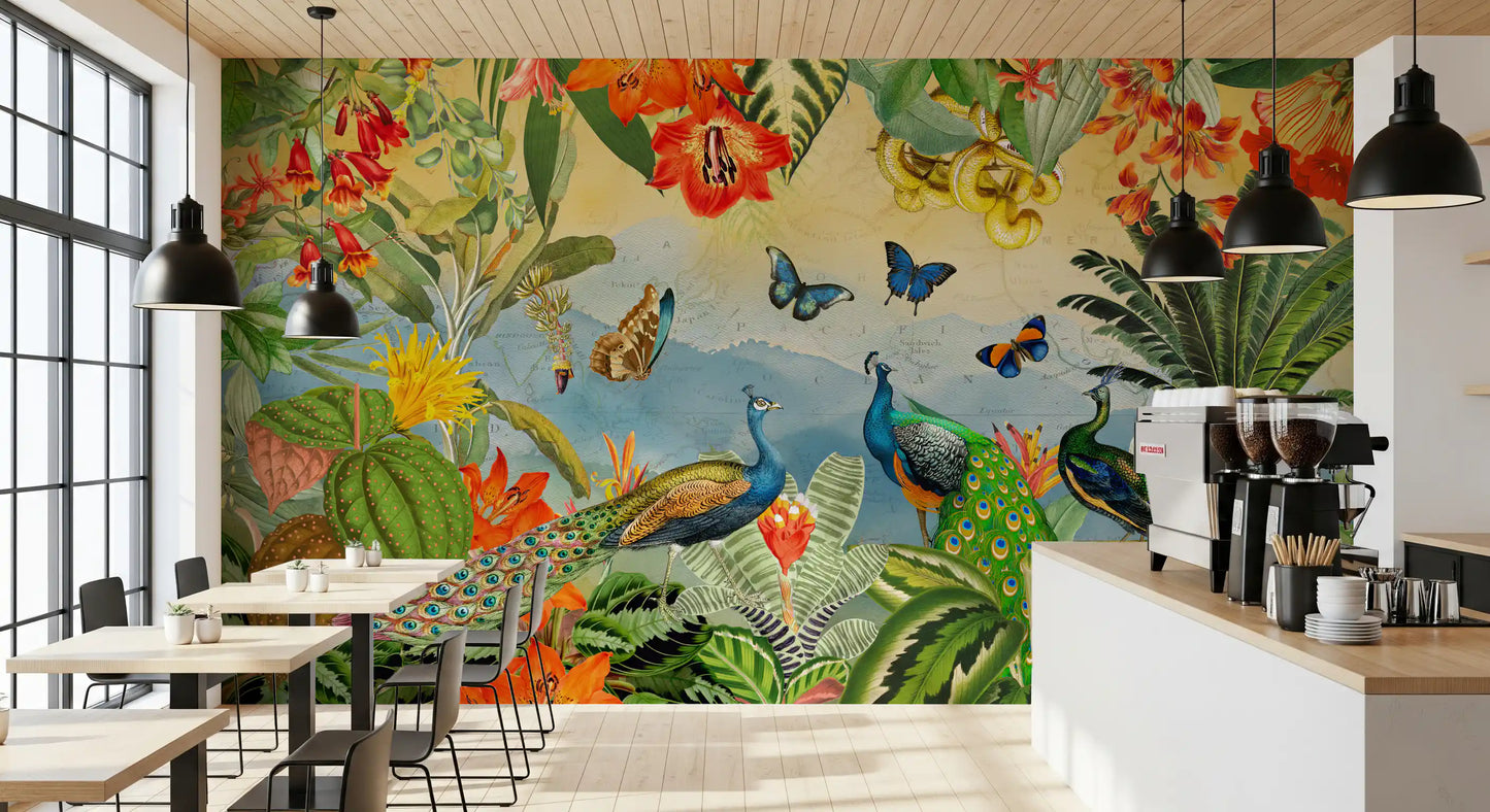 Vintage Peacock and Tropical Botanical Explorer Wall Mural
