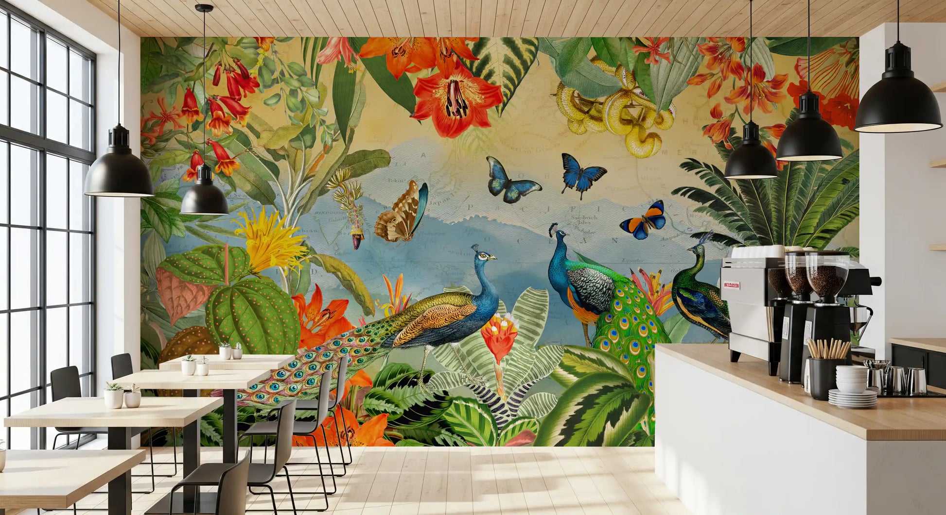 Vintage Peacock and Tropical Botanical Explorer Wall Mural