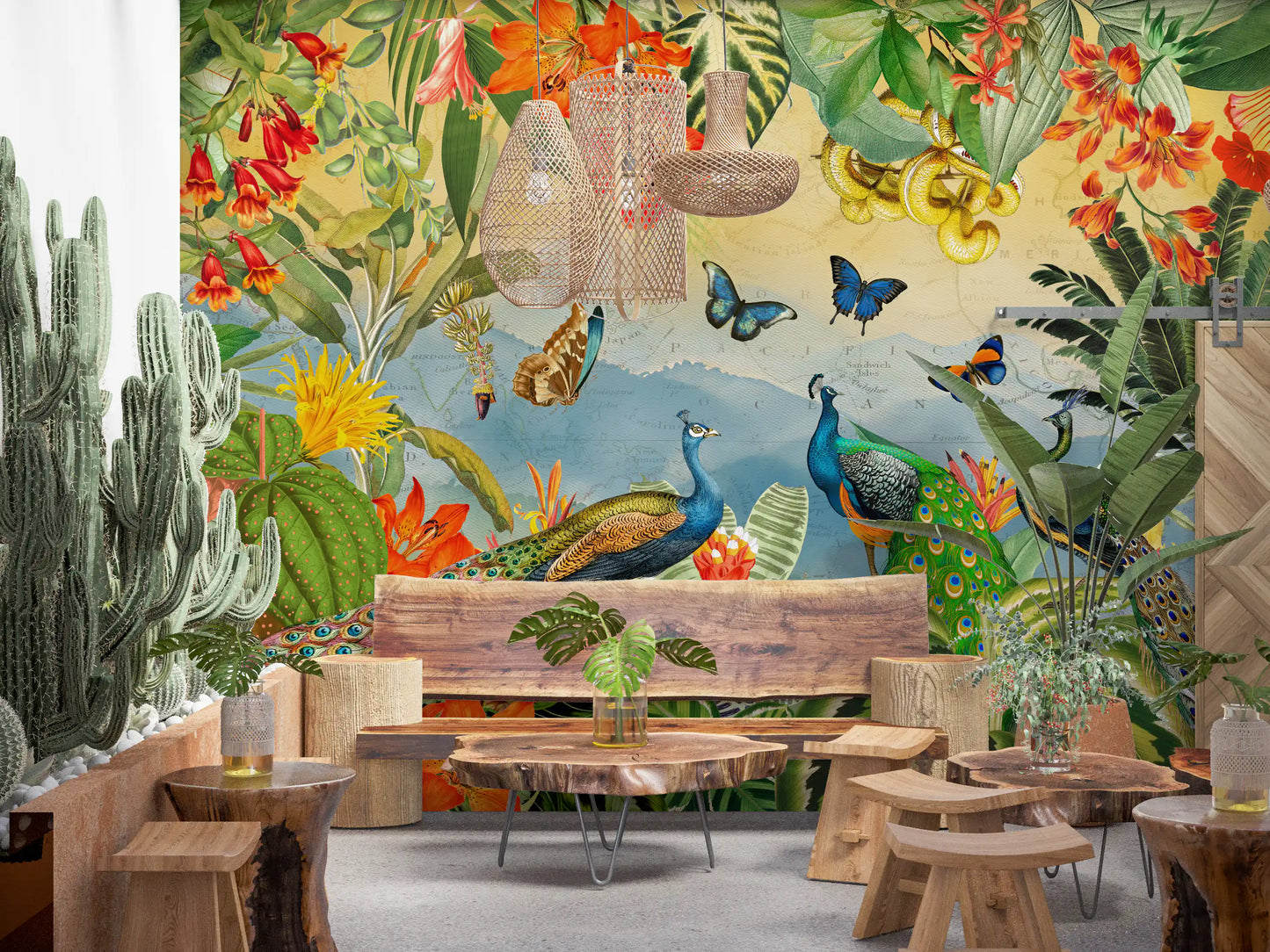 Vintage Peacock and Tropical Botanical Explorer Wall Mural