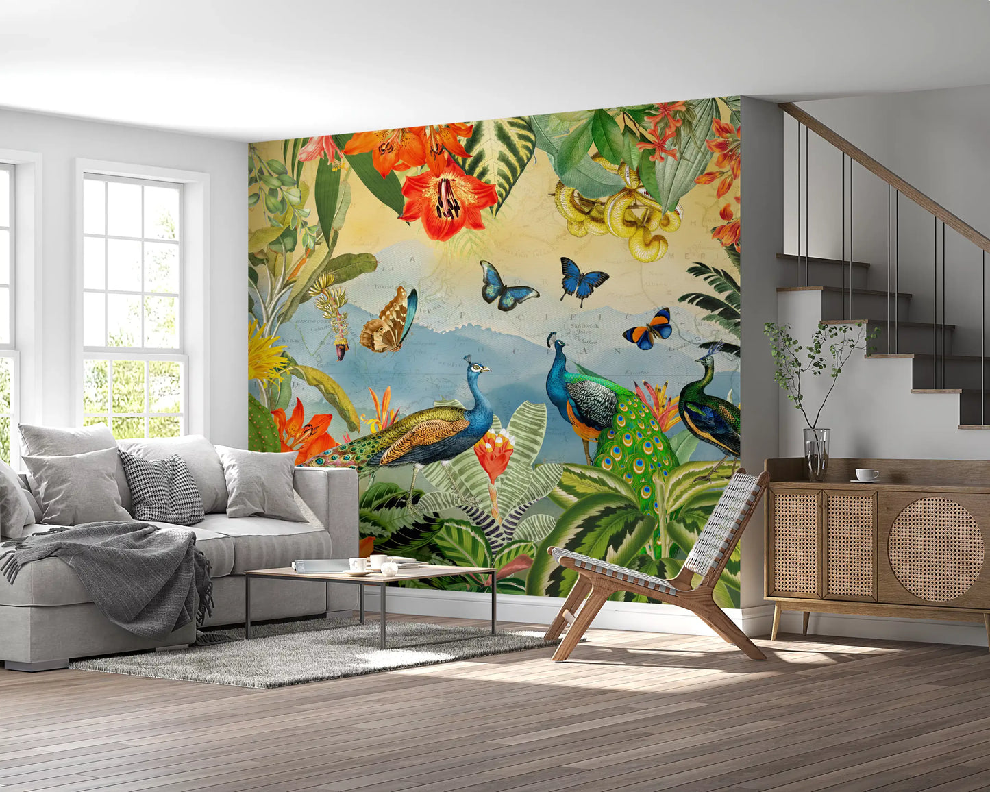 Vintage Peacock and Tropical Botanical Explorer Wall Mural