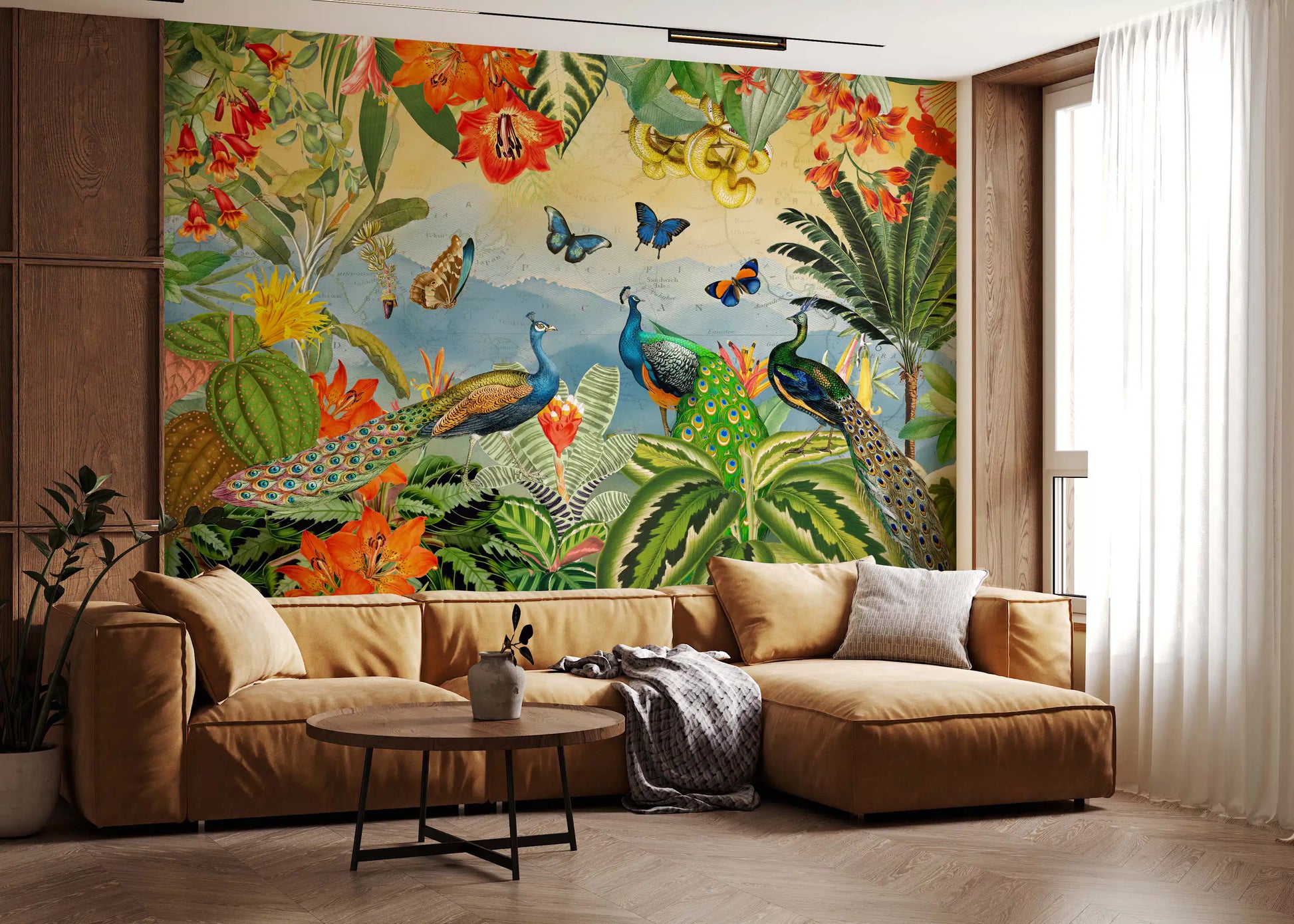 Vintage Peacock and Tropical Botanical Explorer Wall Mural