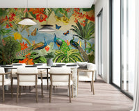 Vintage Peacock and Tropical Botanical Explorer Wall Mural