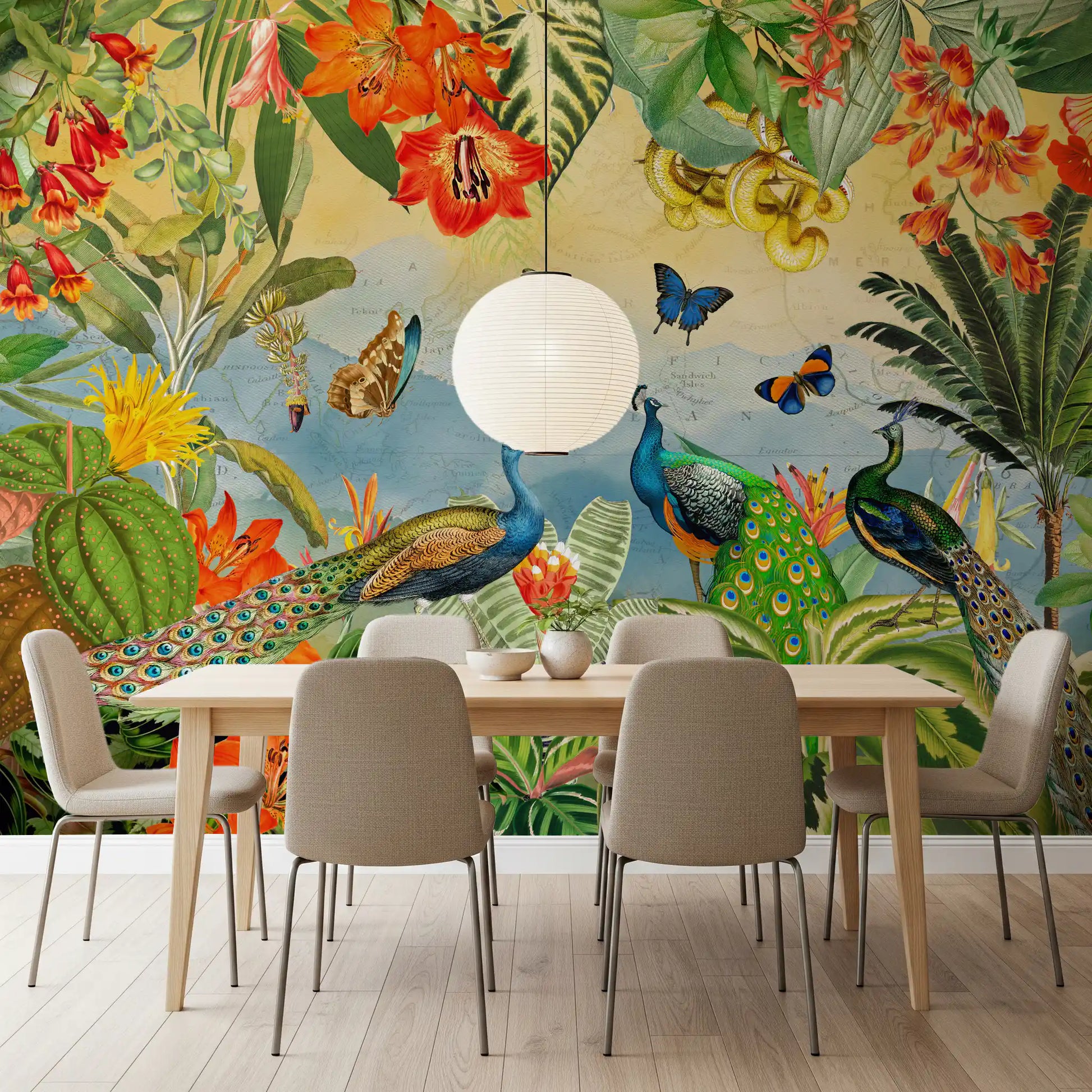 Vintage Peacock and Tropical Botanical Explorer Wall Mural