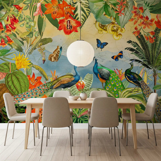 Vintage Peacock and Tropical Botanical Explorer Wall Mural