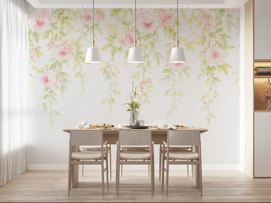 Watercolour floral mural with soft pink peonies and green vines in dining room GD11544