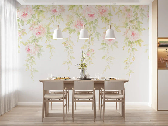 Watercolour floral mural with soft pink peonies and green vines in dining room GD11544