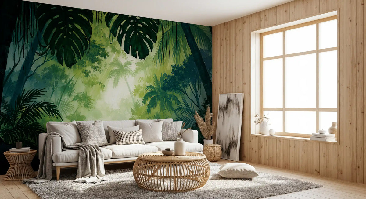 Misty tropical rainforest wall mural in deep green GD11546