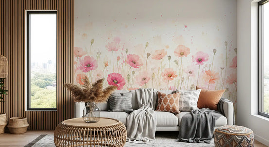 Soft Watercolor Poppy Meadow Wall Mural