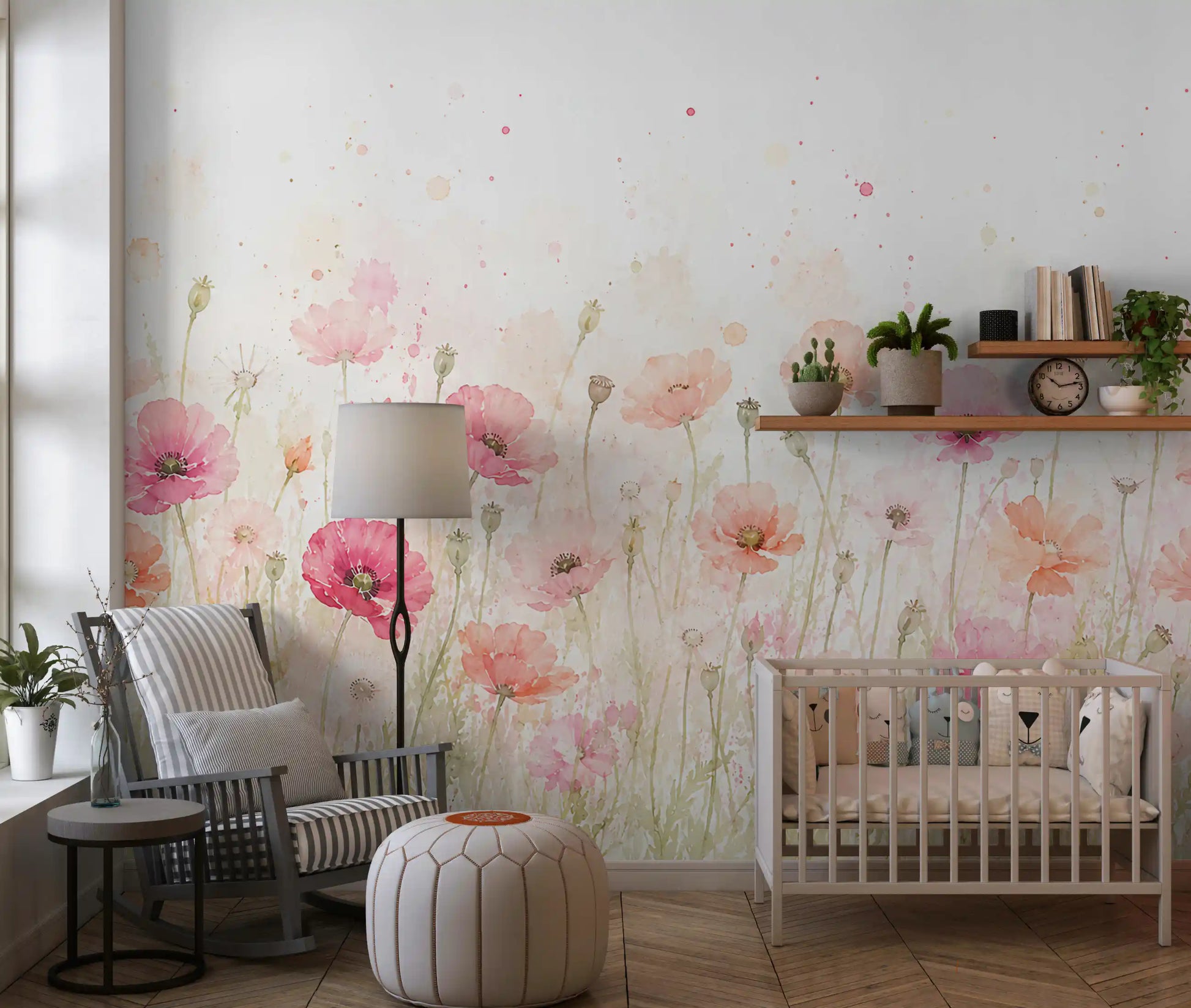Soft Watercolor Poppy Meadow Wall Mural