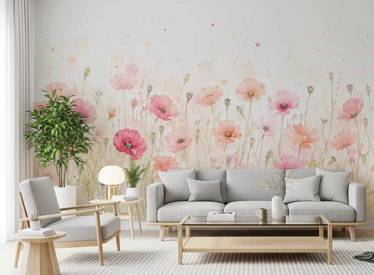 Soft Watercolor Poppy Meadow Wall Mural