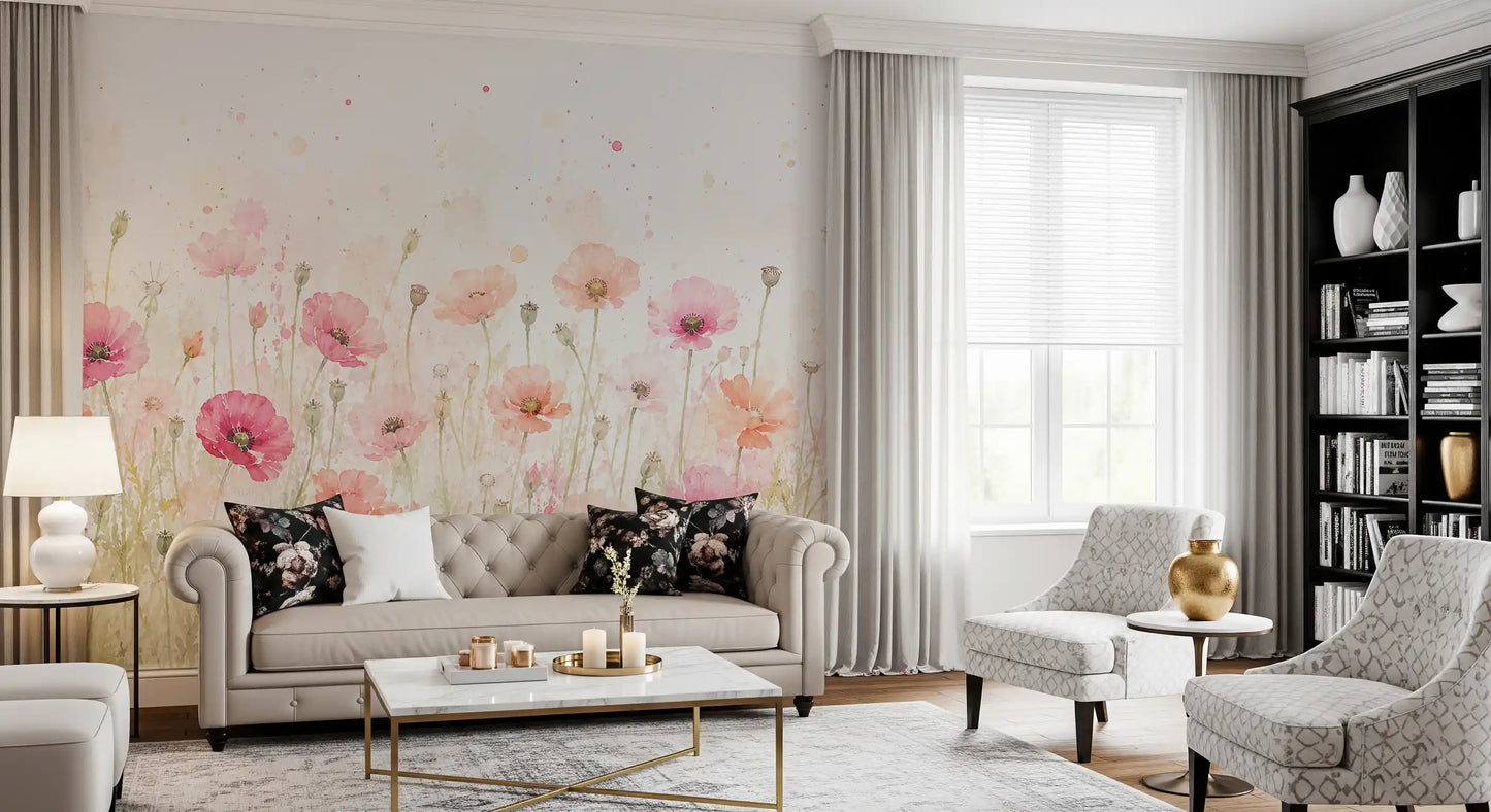 Soft Watercolor Poppy Meadow Wall Mural
