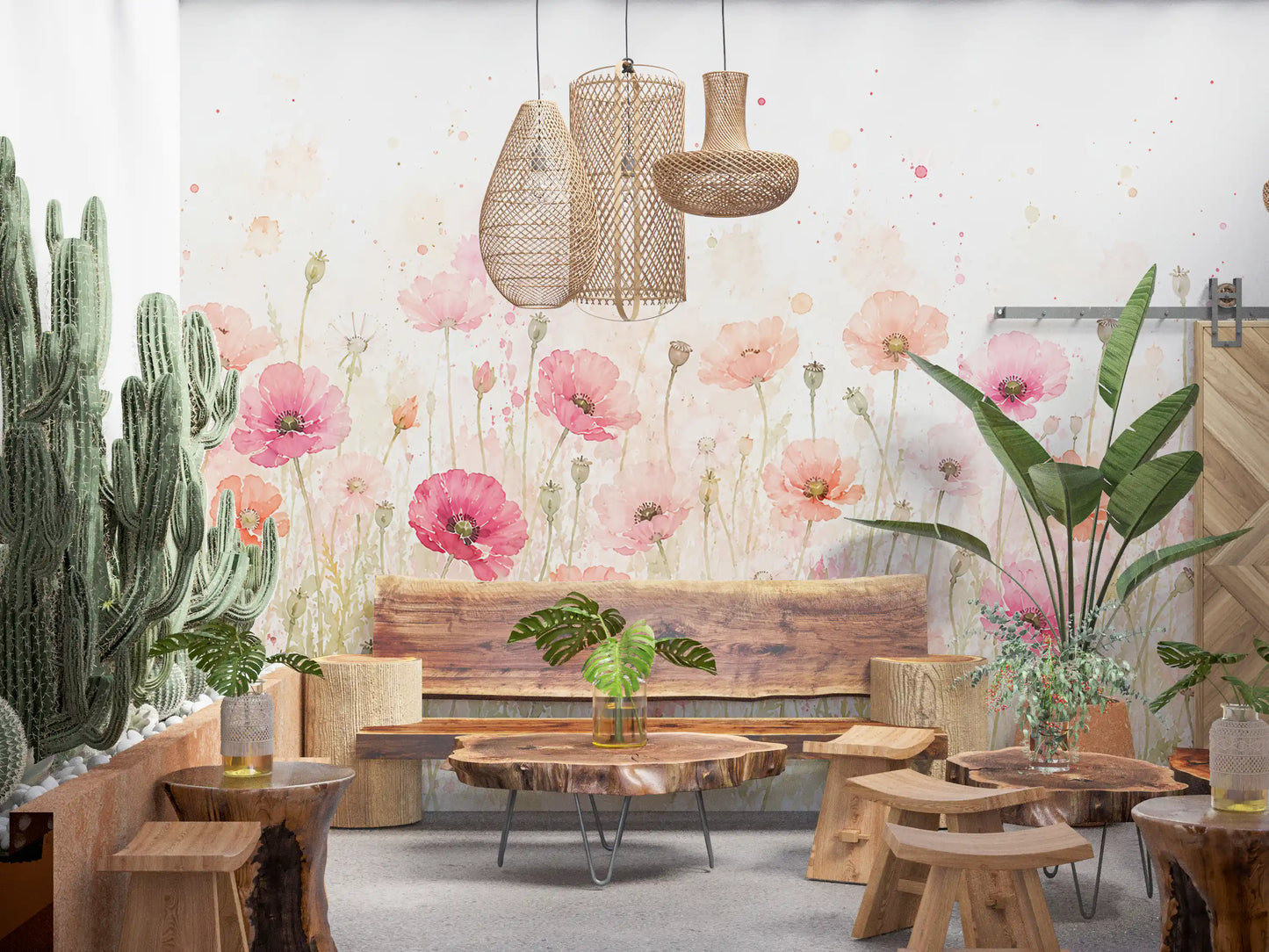 Soft Watercolor Poppy Meadow Wall Mural