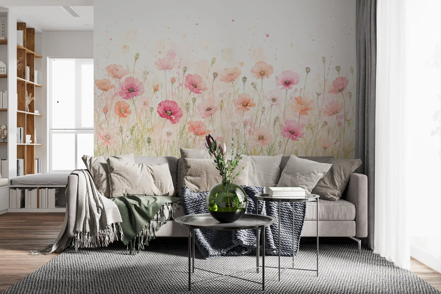 Soft Watercolor Poppy Meadow Wall Mural